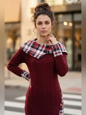 New! Burgundy Gothic Hooded Sweater with Plaid Lining Size S NWOT